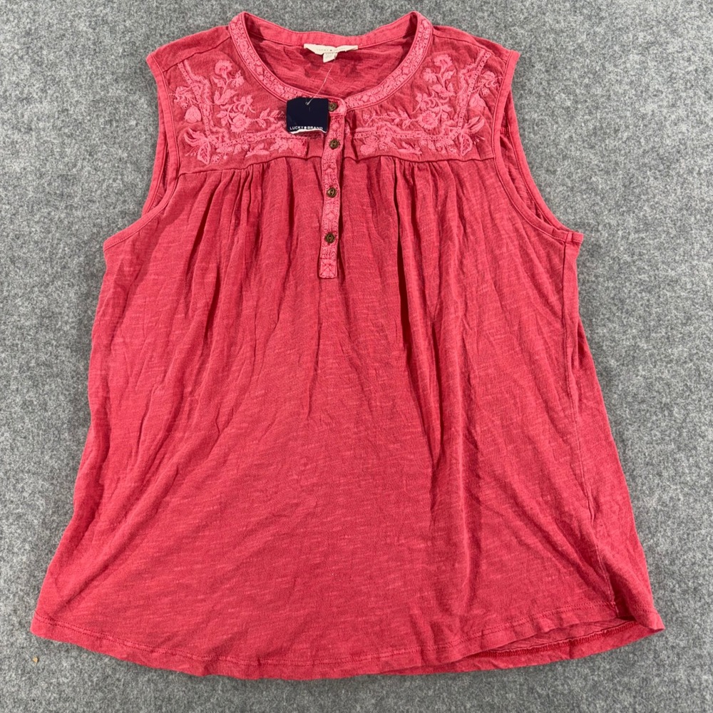 Lucky Brand Womens Sleeveless Embroidered Henley Top Pink Slub Knit Boho Medium